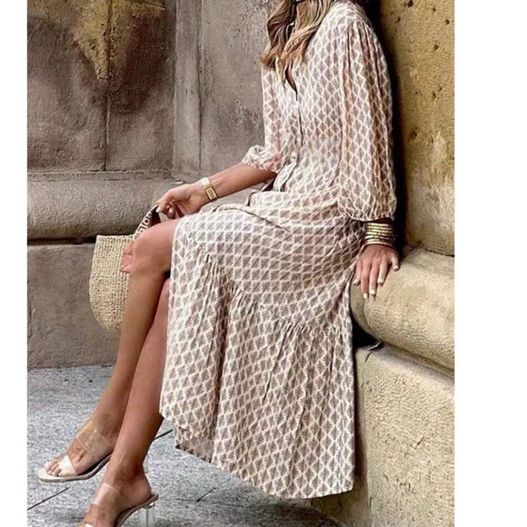 Boho Geo Print Button Down 3/4 balloon Sleeve Dress - Picture 4 of 5